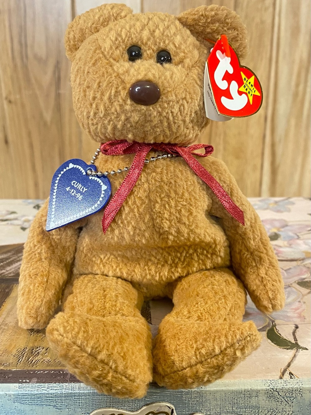 Ty Beanie Babies Curly Plush Bear with Ribbon Vtg 1996 w Tag Error Collectible